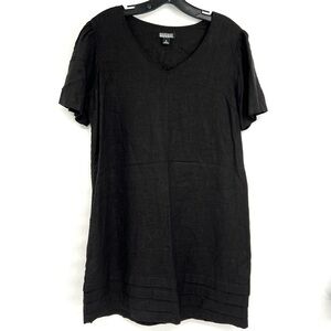 Nicole Miller Original Shift Dress Black Linen Short Sleeve Pleated Hem Medium